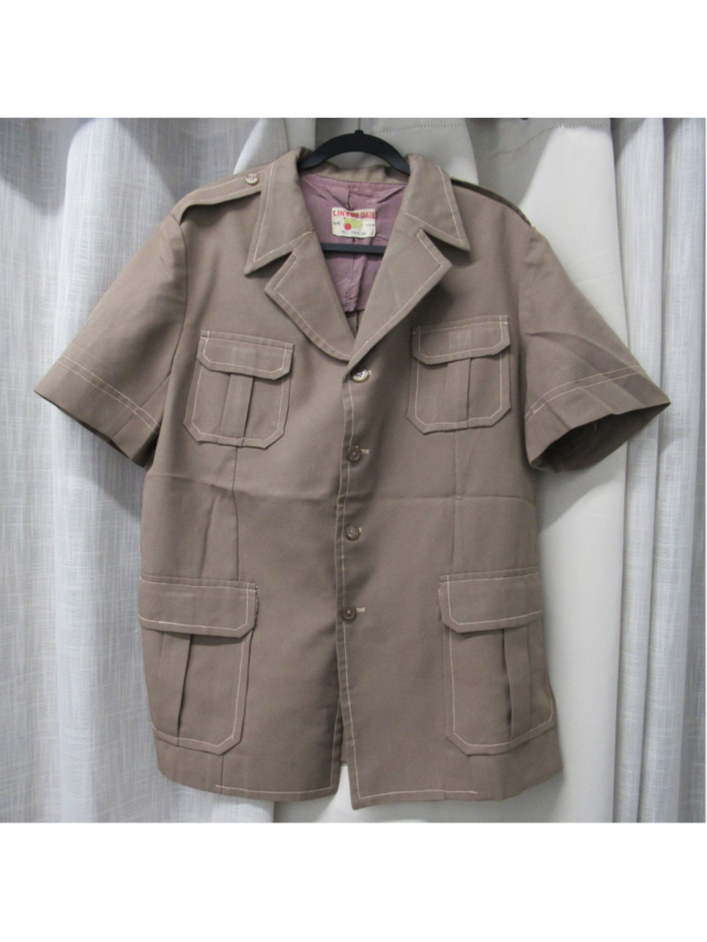 VTG 70s Lin Kou Tailor Custom Safari Jacket Short Sleeve Men M/L Taupe Bush